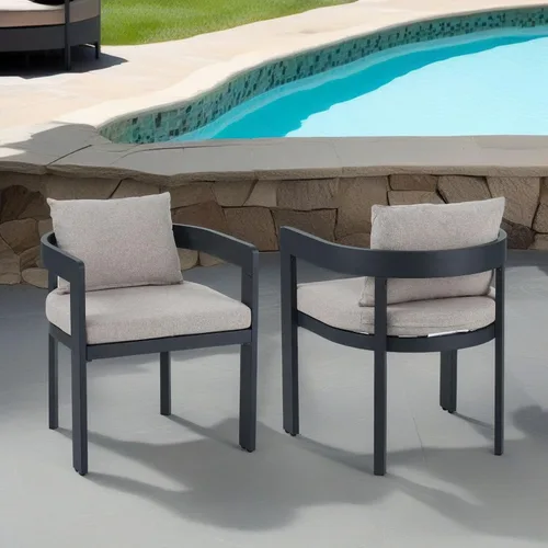 Miniatura 4 de GDFStudio Juego de 2 sillas de comedor de aluminio con cojín beige, asiento moderno para exteriores, interiores, patio trasero, piscina, balcón, 300