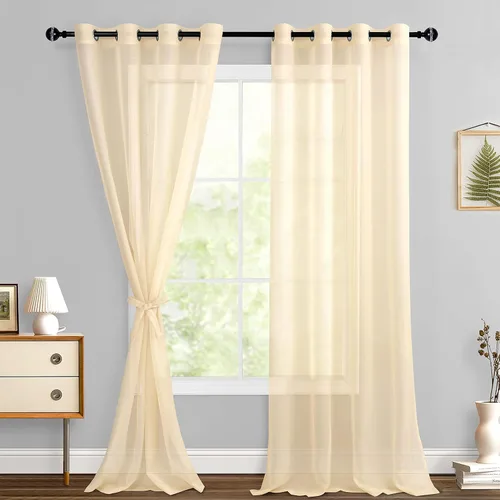 Miniatura 107 de Hiasan - Cortinas traslúcidas de gasa cortas semitransparentes con ojales y alzapaños filtrantes de luz para ventana, dormitorio, baño, 2 paneles