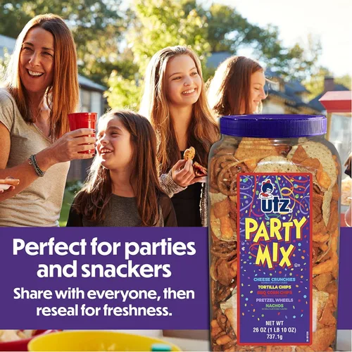 Miniatura 10 de Utz - Mix para fiestas en barril de 737,1 g (26 onzas). La sabrosa mezcla de picadillos incluye tortillas de maíz, tortillas de nachos, pretzels