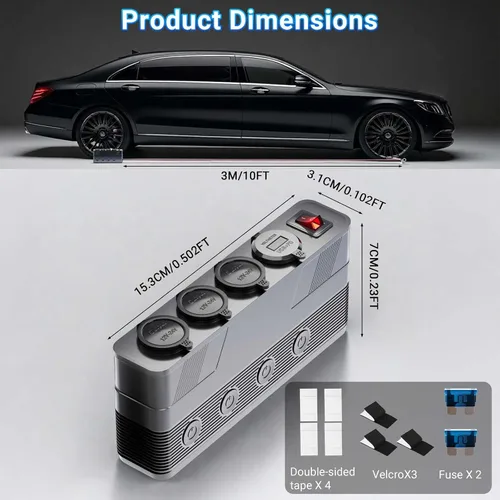 Miniatura 6 de Divisor de enchufe de encendedor de cigarrillos de 12V: toma de corriente de 180W 15A de 3 enchufes con 4 puertos USB PD66W QC18W - Divisor