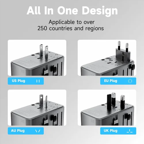 Miniatura 3 de Minthouz Adaptador de viaje universal, adaptador de corriente internacional de 100 W, cargador rápido GaN con 2 USB-C PD, 1 cable USB-C y puertos A
