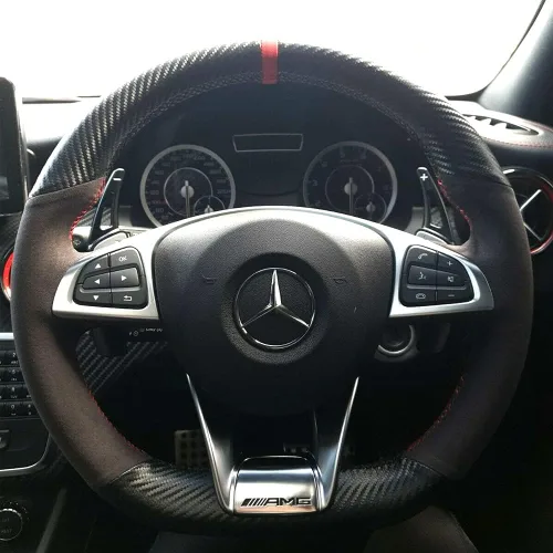Miniatura 9 de Cubierta de volante de fibra de carbono mate negro y cuero de ante con costura manual, ajuste envolvente para Mercedes Benz W205/C43 GLA45 GLC43