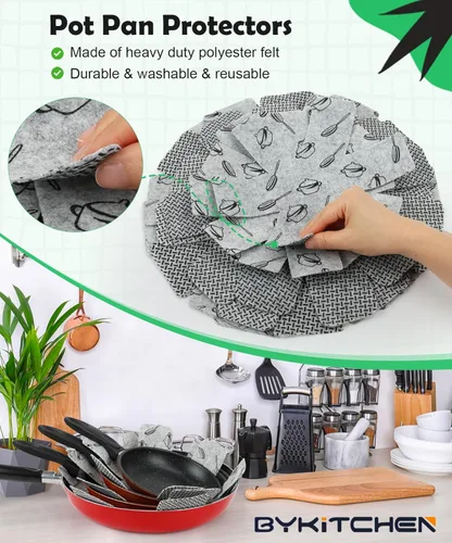 Miniatura 5 de BYKITCHEN Protectores de ollas y sartenes para apilar, juego de 9 y 3 tamaños, separadores de sartenes de fieltro para ahorrar espacio, protectores