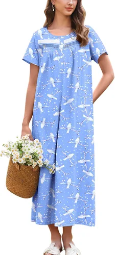 Miniatura 7 de Ekouaer Camisón para Mujeres de Algodón Camisón Largo de Noche Camisón de Manga Corta con Bolsillos Camisón con Botones Ropa de Dormir Suave