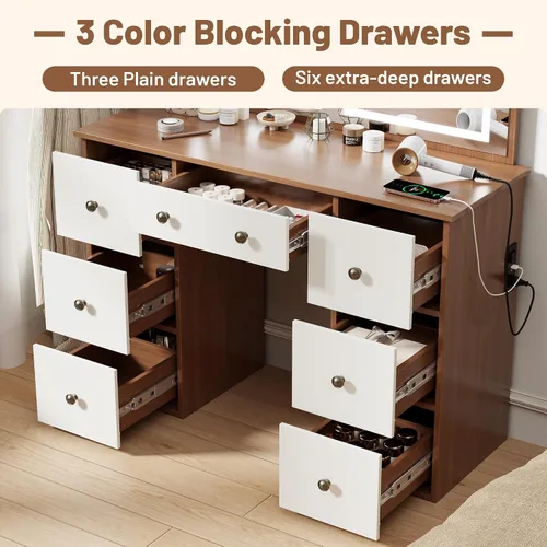 Miniatura 4 de wanan Escritorio de maquillaje con espejo y luces, mesa de tocador de madera con toma de corriente, escritorio de maquillaje con 7 cajones, tocador