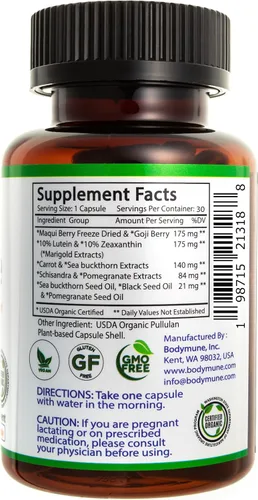 Miniatura 4 de Bodymune Advanced EyeCare Suplemento orgánico de salud ocular USDA con luteína y zeaxantina Extractos de maqui, goji y espino cerval de mar