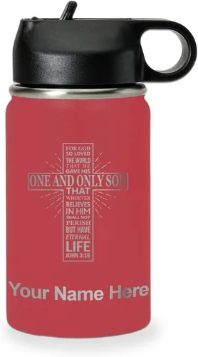 Miniatura 25 de LaserGram Botella de agua personalizada, versículo bíblico John 3-16, acero inoxidable de doble pared aislada al vacío con popote superior, regalo