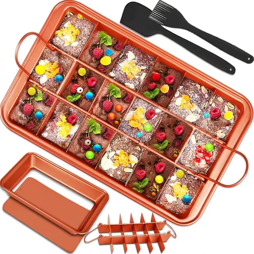 Bandeja para brownie con divisores, bandeja para brownies con cortador, sartén antiadherente para hornear brownie con cepillo para espátula, moldes