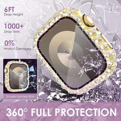 Miniatura 3 de NewWays Funda impermeable 2 en 1 de 1.772 pulgadas para Apple Watch Series 9, 8, 7, encaje completo con diamantes de imitación y purpurina para Oro