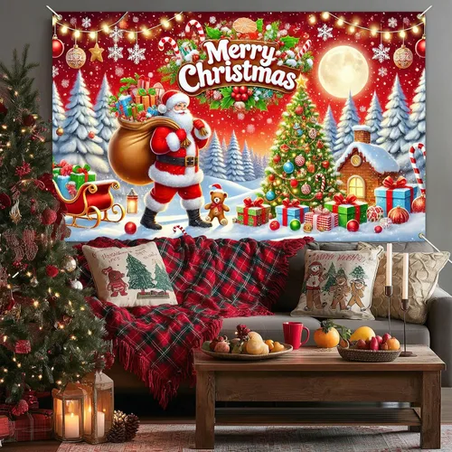 Miniatura 4 de HOMETITUTE Cartel de Navidad de 71 x 43 pulgadas, telón de fondo rojo de Papá Noel con árbol de regalo, decoración de nieve en trineo
