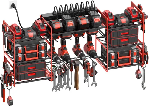 Miniatura 9 de CCCEI Organizador de herramientas eléctricas negro para montaje en pared, herramientas grandes y estante de almacenamiento de batería, estación