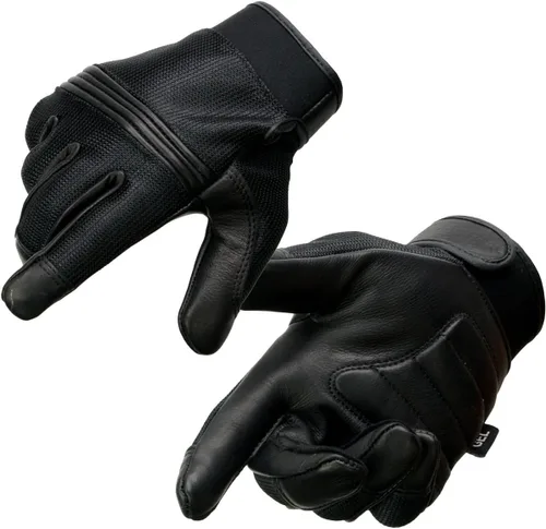 Milwaukee Leather MG7517 - Guantes de mano para motocicleta con malla de cuero negro para hombre, con nudillos flexibles de goma