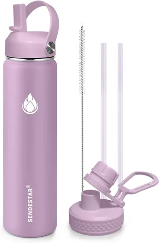 Miniatura 29 de SENDESTAR Botella de agua aislada de 24 onzas, boca ancha, botella de agua de 24 onzas con tapa con popote, tapa de boquilla, acero inoxidable