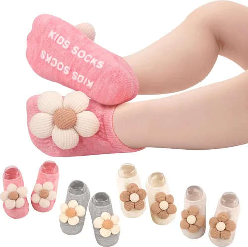 Calcetines para niñas pequeñas, paquete de 4 tobillos, antideslizantes, con agarres, algodón suave, diseño de corte bajo, princesa infantil