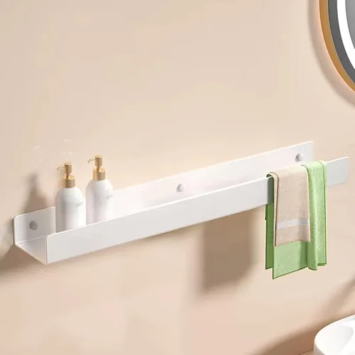Miniatura 7 de Unidad de almacenamiento de baño de acero inoxidable con gancho para toallas, estante de ducha sin taladros o perforación, organizador para Negro