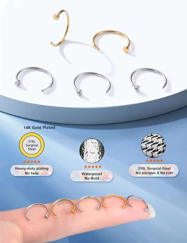 Miniatura 30 de FIBO STEEL - 5 piezas de acero inoxidable, 18G a 22G, joyería corporal, piercing de nariz para mujer