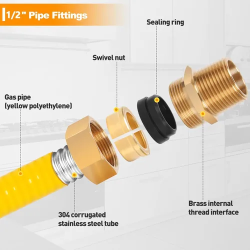 Miniatura 3 de Kit de tubo de gas flexible de 100 pies, línea de gas CSST de 1/2'' para estufa, secadora, calentador de propano, equipo de gas natural con 2