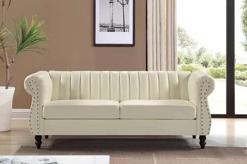 Miniatura 2 de Container Furniture Direct Sofá de piel sintética de 77 pulgadas inspirado en Chesterfield con diseño elegante, patas de calabaza y tapicería
