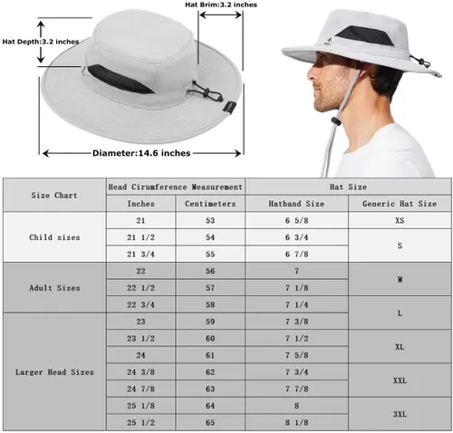 Miniatura 4 de Sombrero de pesca para hombre, sombrero de sol de ala ancha, protección UV SPF XL, XXL, tamaño grande, cabeza grande, senderismo, playa, safari