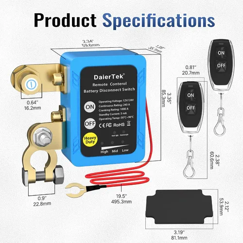 Miniatura 2 de DaierTek Interruptor de desconexión de batería remoto 12V/24V 240A Interruptor de apagado para corte de energía automotriz para coche, camión