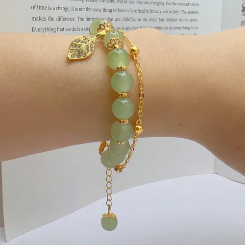 Miniatura 4 de CJIAYUJEW Hotan - Pulsera de hoja de jade natural de 2 capas de nefrita verde para mujer, diseño de cuentas redondas con dije de hoja de circón