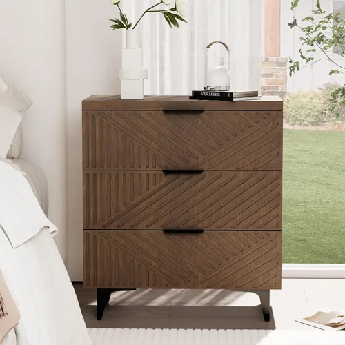 Miniatura 8 de Royal Windsor Mesita de noche acanalada con 3 cajones, mesa auxiliar lateral, armario de almacenamiento de acento, mesita de noche moderna