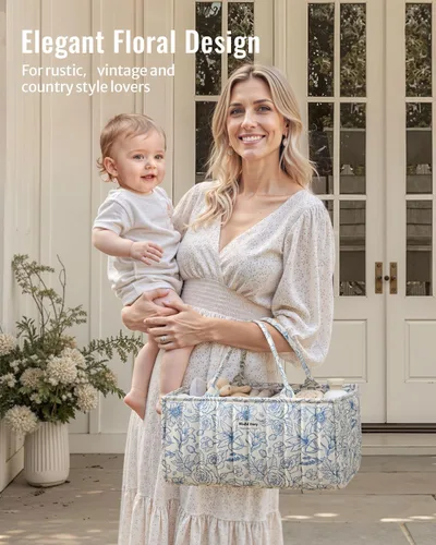 Miniatura 7 de Blissful Diary Organizador de pañales con flores, elegante cesta de almacenamiento para guardería, regalo para baby shower, imprescindible