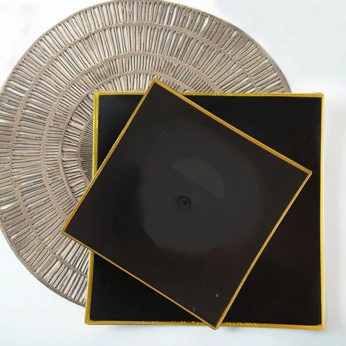 Miniatura 4 de Tableclothsfactory Paquete de 10 platos llanos cuadrados cóncavos de plástico duro de 8 pulgadas negro/dorado, platos desechables para fiestas