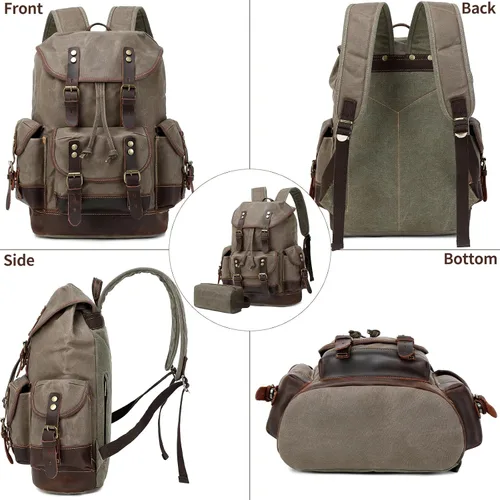 Miniatura 6 de Wogarl Mochila de lona de cuero vintage, Verde militar, Mediana, Ocio