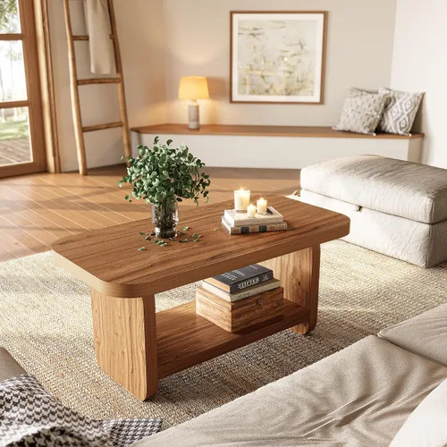 Miniatura 13 de LITTLE TREE Mesa auxiliar de madera, mesa central de 47.2 pulgadas con almacenamiento, mesas rectangulares modernas de granja para sala de estar