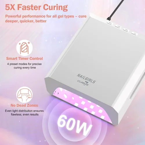 Miniatura 9 de NAILGIRLS Lámpara de uñas LED UV profesional de 60 W para salón y tecnología de uñas, 80 cuentas LED de esmalte de gel de secado rápido, recargable