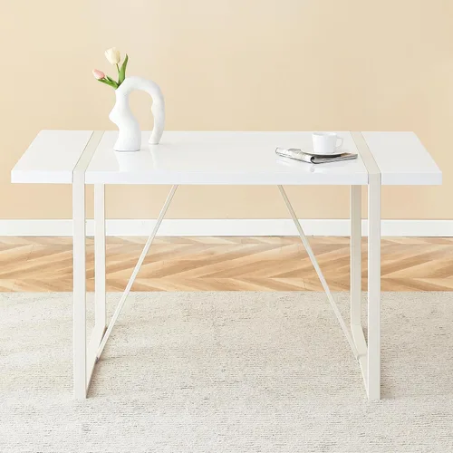 Miniatura 4 de Mesa de comedor rectangular industrial estilo crema para 4 6 personas con parte superior de 1.5 pulgadas de grosor y patas de metal blanco e