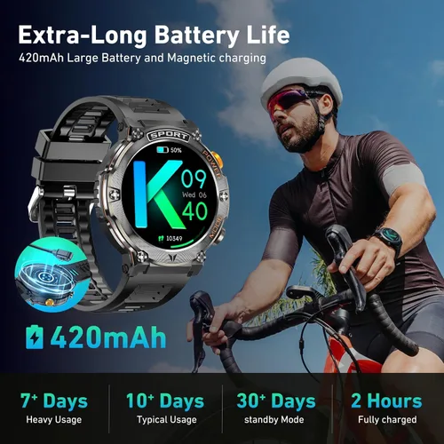 Miniatura 5 de Reloj inteligente militar para hombre, pantalla AMOLED HD de 1,43" (respuesta/hacer llamada) 420mAh batería relojes inteligentes IP68 impermeable