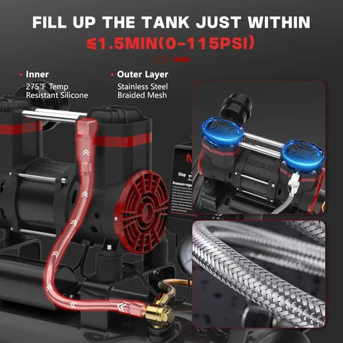 Miniatura 9 de Compresor de aire ultra silencioso de 8 galones, 1.5HP 4.52 CFM, tanque de compresor de aire sin aceite máximo de 115 PSI, 110V/60Hz, compresor
