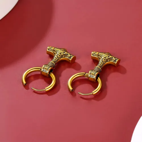 Miniatura 9 de FaithHeart Aretes de aro vikingo para hombre, ligeros, de acero inoxidable, aretes colgantes retro de mitología nórdica, regalo para papá y hermanos