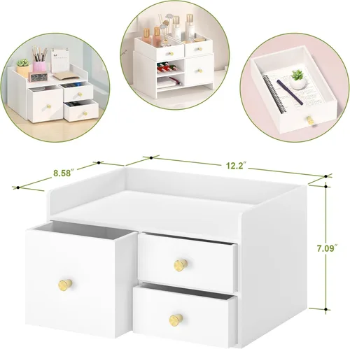 Miniatura 3 de Organizador de escritorio de bambú con cajones, organizador de almacenamiento de escritorio de madera para facturas, suministros de oficina, Blanco