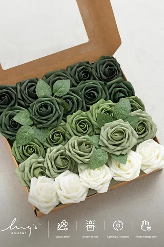 Miniatura 7 de Ling's moment Flores artificiales, 25 piezas de rosas de 3 pulgadas en tonos verde esmeralda, relleno floral de espuma realista para bricolaje