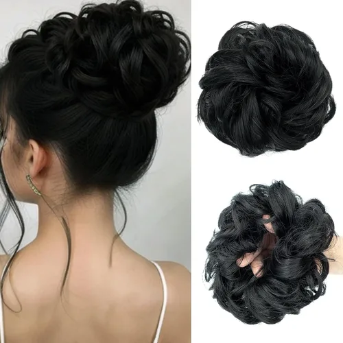 Miniatura 13 de Pieza de cabello de moño desordenado, piezas de cabello azul para mujeres y niñas, extensiones de cabello sintético ondulado y rizado, coletero
