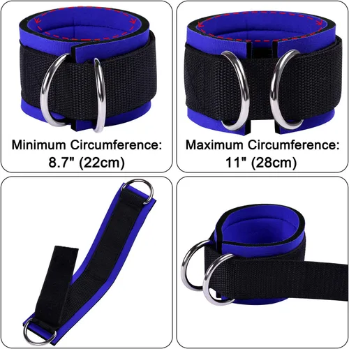 Miniatura 4 de 1 par de correas de tobillo de fitness para máquina de cable, doble anillo en D, ajuste cómodo ajustable de neopreno, para hombres y mujeres Azul
