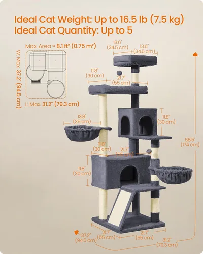 Miniatura 5 de Feandrea Árbol para gatos, torre para gatos de 68.5 pulgadas de alto, condominio de felpa de varios niveles con percha grande, postes rascadores