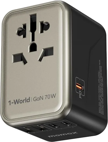 MOMAX Adaptador de viaje universal 6 en 1, adaptador de corriente internacional GaN 70W, 3 USB-C PD carga rápida y 2 USB-A QC, 1 AC, adaptador de