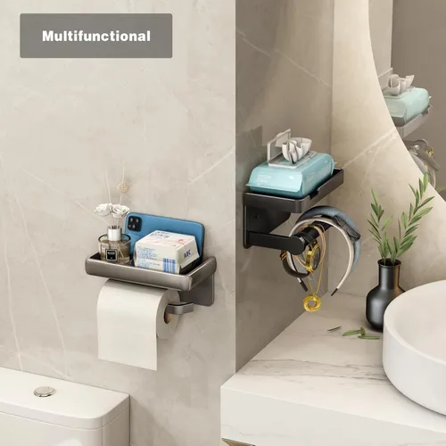 Miniatura 3 de VOLDRA Soporte de papel higiénico con estante para teléfono, soporte de papel higiénico autoadhesivo o con tornillos, soporte de rollos de papel
