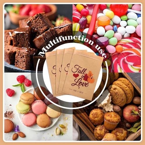 Miniatura 4 de Whaline Paquete de 100 bolsas de dulces para recuerdos de boda de otoño, bolsas de golosinas de calabaza, hojas de arce, autoadhesivas, papel kraft