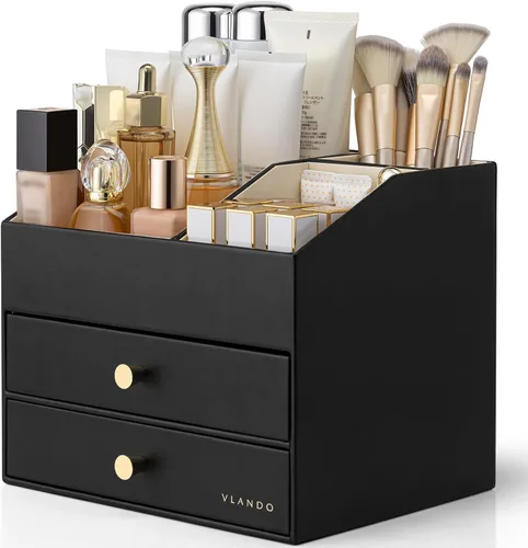 Miniatura 10 de Organizador de maquillaje Vlando, organizador para el cuidado de la piel para tocador, organizador de maquillaje de PU con cajones, estuche