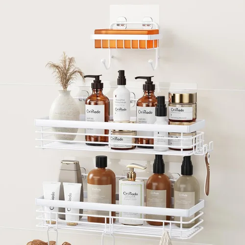 Miniatura 10 de Orimade Organizador de ducha con 5 ganchos para colgar maquinilla de afeitar y esponja, estante de ducha adhesivo, cesta de almacenamiento de baño