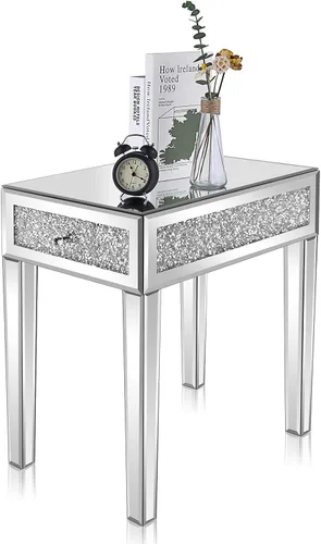 Miniatura 9 de VINGLI Mesa auxiliar estrecha con espejo, pequeña mesa auxiliar para sofá/sofá/cama con almacenamiento, mesita de noche de cristal delgada
