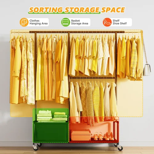 Miniatura 4 de Raybee Percheros para colgar ropa, perchero ajustable con ruedas bloqueables, estantes de almacenamiento, estante multifuncional para dormitorio