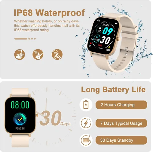 Miniatura 7 de Reloj inteligente para hombres y mujeres compatible con iPhone, Samsung, teléfonos Android, pantalla táctil completa de 1.69 pulgadas, IP68 Dorado