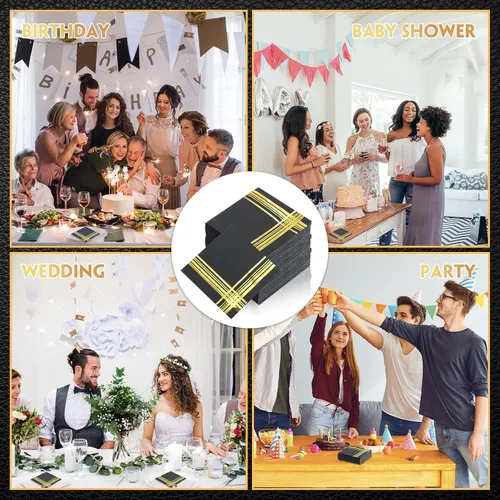 Miniatura 4 de Mimorou 200 servilletas de cóctel negras y doradas, 5 x 5 pulgadas, servilletas desechables de postre con ribete dorado para graduación, boda