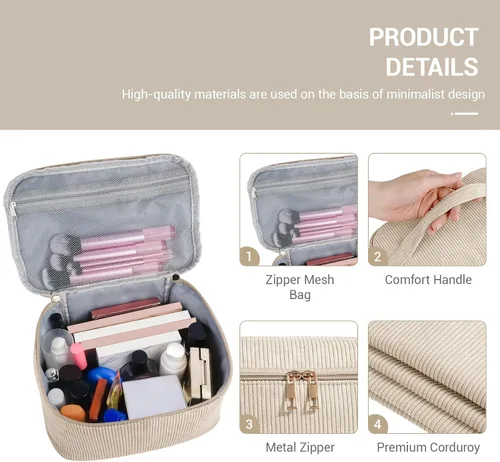Miniatura 4 de MAGEFY Pequeña bolsa de maquillaje para bolso, mini bolsa de cosméticos de pana, linda bolsa cosmética para mujeres con bolsillos deslizantes
